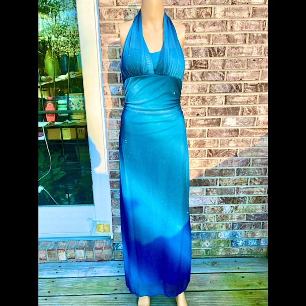 Vintage 90s Y2K Blue Ombré Sparkle Fairycore Halter Maxi Prom Dress